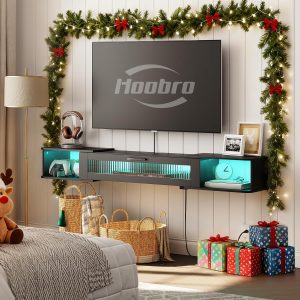 HOOBRO Floating TV Stand with LED Light Power Outlet for TVs up to 75”, Wall Mounted TV Shelf, Modern Media Console Entertainment Center Under TV, for Living Room Bedroom, Black BK36UDDS01G1