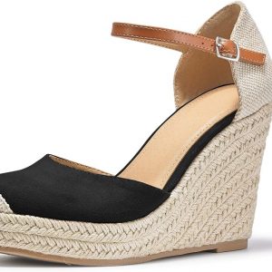 FISACE Womens Summer Espadrille Heel Platform Wedge Sandals Ankle Buckle Strap Closed Toe Shoes