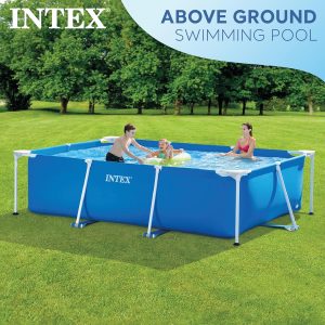 Intex 9.8' x 79" x 29.5" Piscina rectangular con marco elevado para patio trasero al aire libre con válvula de control de flujo para drenaje rápido, azul