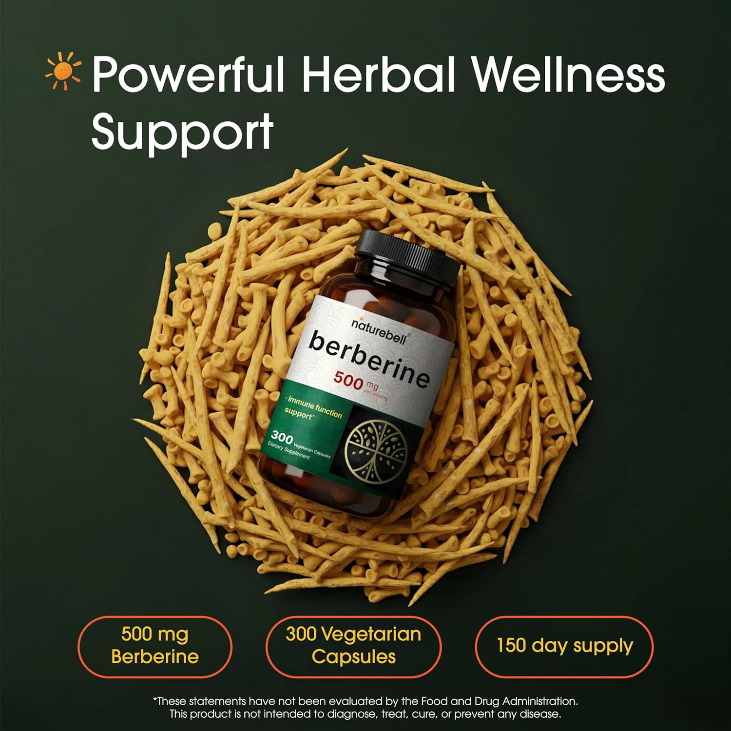 Suplemento de Berberina NatureBell 500mg | 300 Cápsulas Vegetarianas, 97% Berberina HCL Pura – Extracto de Raíz 5:1 – Basado en Plantas, Vegano, Sin OMG