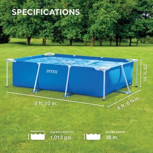 Intex 9.8' x 79" x 29.5" Piscina rectangular con marco elevado para patio trasero al aire libre con válvula de control de flujo para drenaje rápido, azul