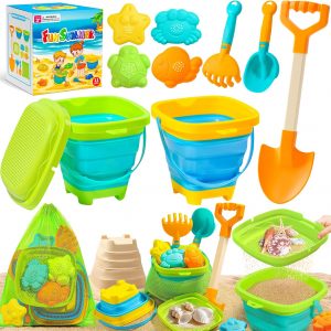 Collapsible Beach Sand Toys for Kids Toddlers, Collapsible Sand Bucket with Sifter Shovels Set with Mesh Bag and Sand Molds, Travel Beach Sandbox Toys for Boys Girls 3 4 5 6 7 8 9 10