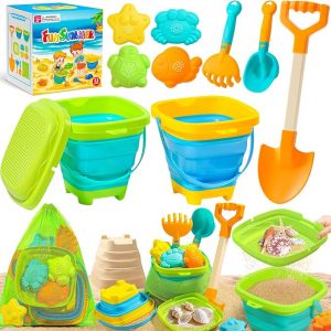 Collapsible Beach Sand Toys for Kids Toddlers, Collapsible Sand Bucket with Sifter Shovels Set with Mesh Bag and Sand Molds, Travel Beach Sandbox Toys for Boys Girls 3 4 5 6 7 8 9 10