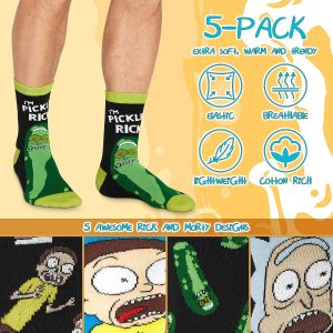 RICK AND MORTY Funny Calf Socks for Men & Teens US Size 7-11, Pack of 5 Soft Casual Warm Socks, Pickle Rick Gifts for Men