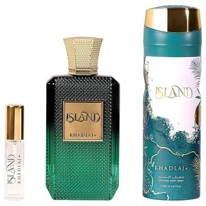 Khadlaj Island - Juego de regalo de 3 piezas unisex (3.4 oz Extrait de Parfum Spray + 6.8 oz Desodorante Spray + Spray de Viaje de 0.27 oz)