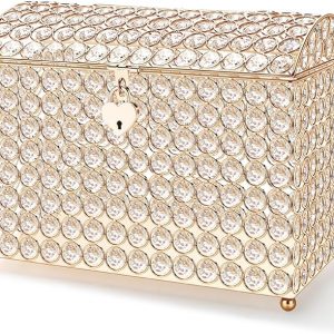Nitial Crystal Wedding Card Box with Heart Lock 11in Wedding Money Box Treasure Chest Gold Bead Card Receiving Memory Storage for Reception Brithday Graduation Baby Shower Party (Elegant Style)