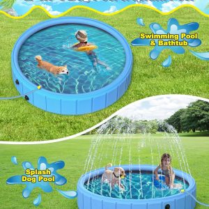 EPN Large Foldable Dog Pool – 0.55MM PVC 2-in-1 Portable Bathtub & Sprinkler for Dogs, Cats, Kids – Heavy Duty, Non-Slip, Summer Water Toy (79 in)