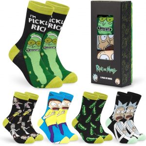 RICK AND MORTY Funny Calf Socks for Men & Teens US Size 7-11, Pack of 5 Soft Casual Warm Socks, Pickle Rick Gifts for Men