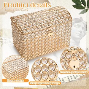 Nitial Crystal Wedding Card Box with Heart Lock 11in Wedding Money Box Treasure Chest Gold Bead Card Receiving Memory Storage for Reception Brithday Graduation Baby Shower Party (Elegant Style)