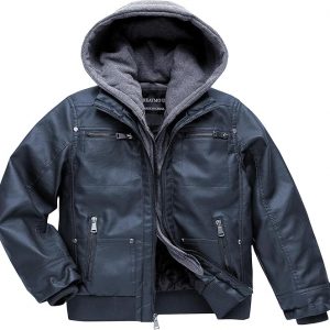 Boy's Faux Leather Jacket Windproof Warm Winter Coat Kids Bomber Outerwear Waterproof PU Motorcycle Jacket