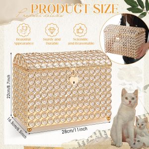 Nitial Crystal Wedding Card Box with Heart Lock 11in Wedding Money Box Treasure Chest Gold Bead Card Receiving Memory Storage for Reception Brithday Graduation Baby Shower Party (Elegant Style)