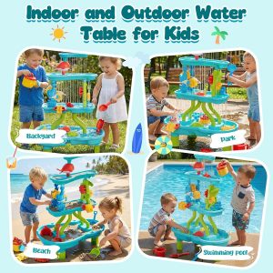 Mesa de arena y agua de 4 niveles para niños pequeños, mesa de juego de arena y agua al aire libre para niños y niñas, mesa sensorial de verano para fiestas, regalo de cumpleaños para niños de
