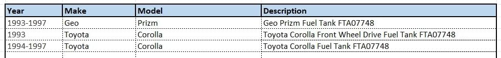 New Fuel Tank Compatible With Toyota Corolla 1993-1997 Compatible With Geo Prizm, Replacement for FTA07748