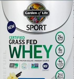 Garden of Life Sport Grass Fed Whey Protein Powder - 0.85 oz aislado de proteína de suero para mujeres y hombres con probióticos y glutamina, sin OMG, sin gluten, procesado en frío, sabor a vainilla