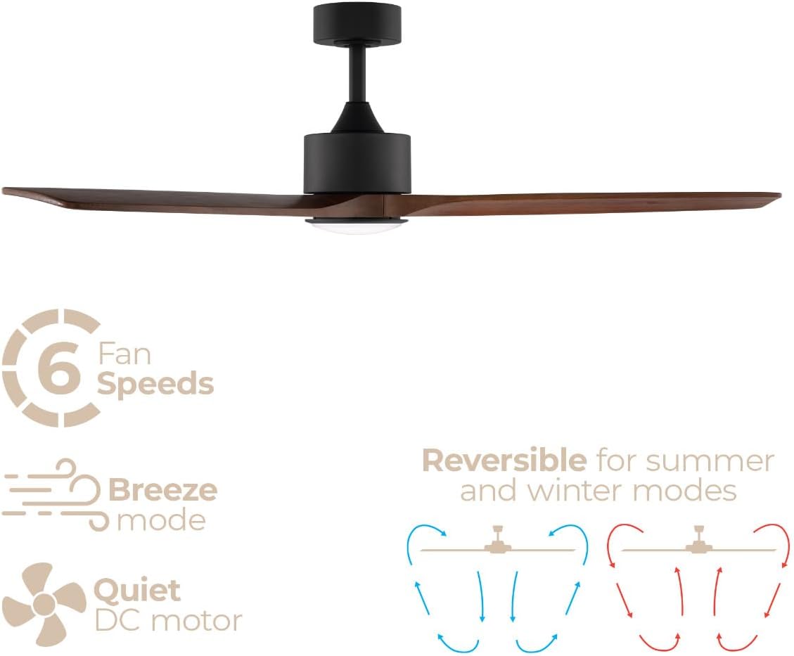 Madera 52in 3-Blade Smart Indoor or Outdoor Ceiling Fan 2700K-6000K CCT Tunable Range LED Light Kit in Matte Black with Distressed Koa Solid Wood Blades Works With iOS or Android App