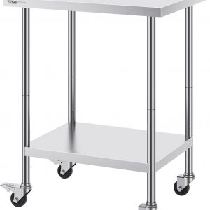 VEVOR Stainless Steel Work Table 24 x 30 x 38 Inch, with 4 Wheels, 3 Adjustable Height Levels, Heavy Duty Food Prep Worktable for Commercial Kitchen Restaurant, Silver