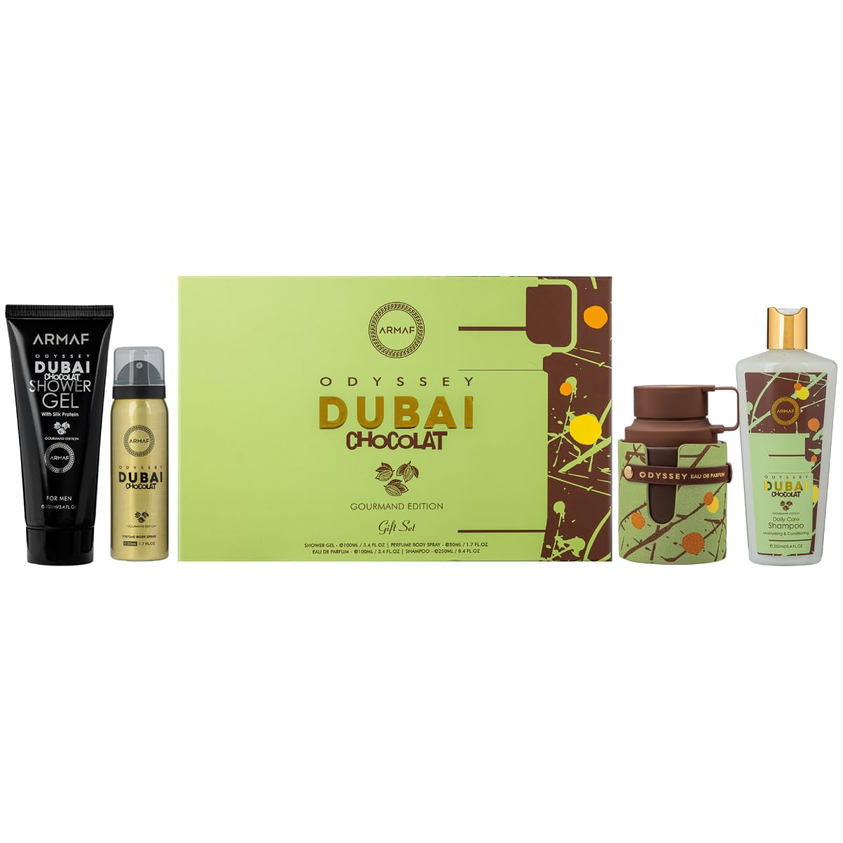 Armaf Odyssey Dubai Chocolat - Gourmand, Sweet, Woody - Set de regalo de 4 piezas para unisex (Eau de Parfum de 3.4 oz + gel de ducha de 3.4 oz + spray corporal de 1.7 oz + champú de 8.4 onzas)