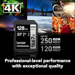 Lexar 128GB Professional 1667x SD Card, UHS-II, C10, U3, V60, Full HD, 4K, Up To 250MB/s Read SDXC Memory Card, for Professional Photographer, Videographer, Enthusiast (LSD128CBNA1667)
