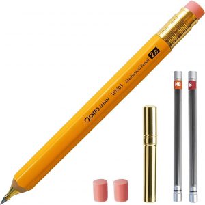 WN03 Wooden Mechanical Pencil Set, 2.0mm Extra Bold, Thick Barrel, Incense Cedar Yellow Pencil with Lead Refills (HB, B), Eraser Refills, and Brass Sharpener for Writing, Sketching, Drawing