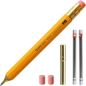 WN03 Wooden Mechanical Pencil Set, 2.0mm Extra Bold, Thick Barrel, Incense Cedar Yellow Pencil with Lead Refills (HB, B), Eraser Refills, and Brass Sharpener for Writing, Sketching, Drawing