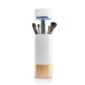 UVC Sanitizer with Ozone, Makeup Brush Holder, One Touch for Open, Dustproof Make Up Supplies Organized Storage, Stylish and Durable Design (Standard, White/Rose Gold)