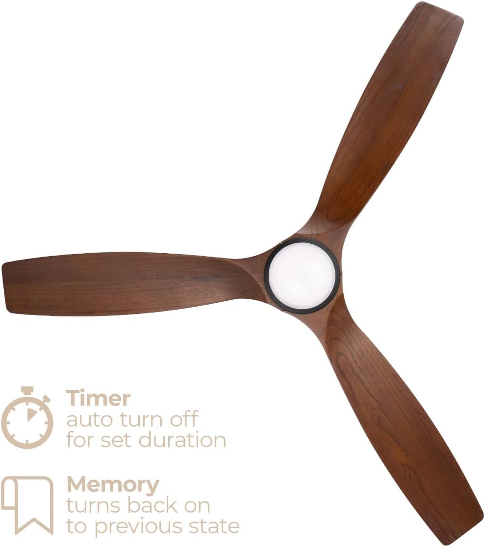 Madera 52in 3-Blade Smart Indoor or Outdoor Ceiling Fan 2700K-6000K CCT Tunable Range LED Light Kit in Matte Black with Distressed Koa Solid Wood Blades Works With iOS or Android App