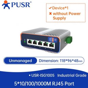5 puertos con 10/100/1000Mbps Gigabit Industrial Ethernet Switch -40.0 °F ~ 185.0 °F Protección de iluminación 6KV Diseño a prueba de polvo IP40 Protección USR-ISG1005