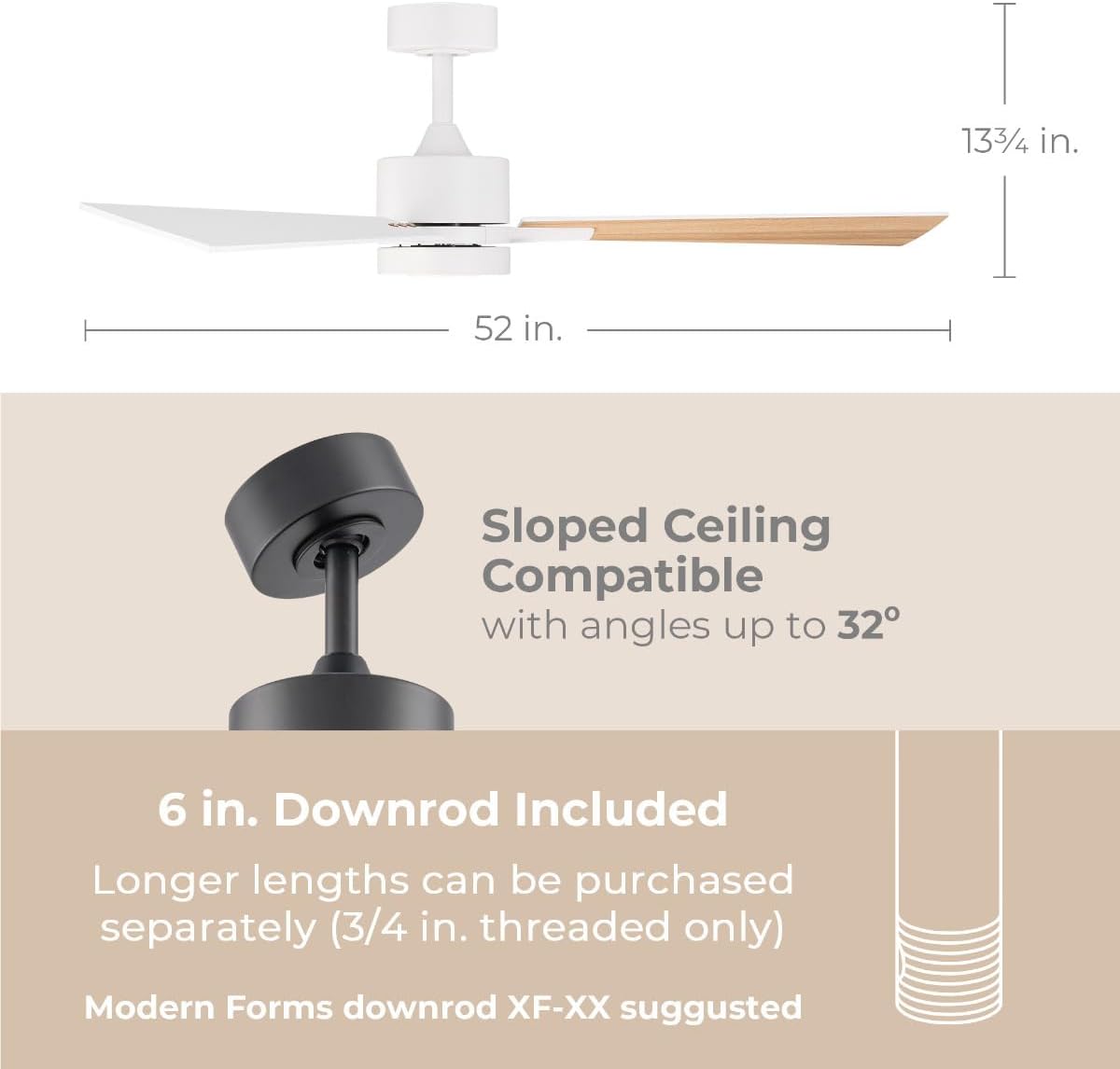 Madera 52in 3-Blade Smart Indoor or Outdoor Ceiling Fan 2700K-6000K CCT Tunable Range LED Light Kit in Matte Black with Distressed Koa Solid Wood Blades Works With iOS or Android App