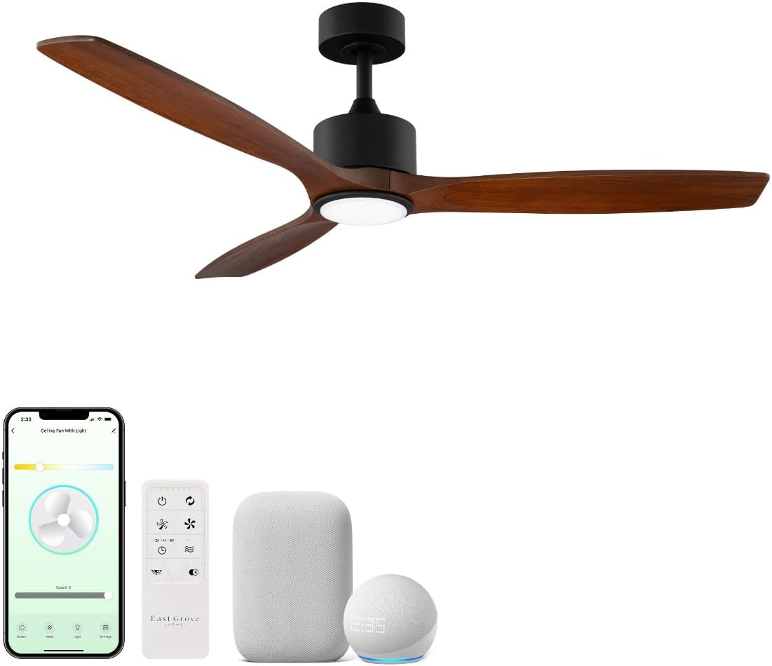 Madera 52in 3-Blade Smart Indoor or Outdoor Ceiling Fan 2700K-6000K CCT Tunable Range LED Light Kit in Matte Black with Distressed Koa Solid Wood Blades Works With iOS or Android App
