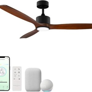 Madera 52in 3-Blade Smart Indoor or Outdoor Ceiling Fan 2700K-6000K CCT Tunable Range LED Light Kit in Matte Black with Distressed Koa Solid Wood Blades Works With iOS or Android App