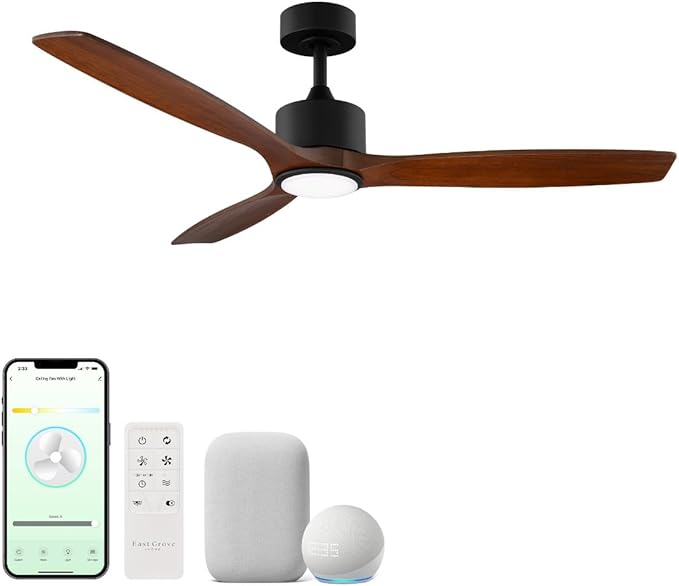 Madera 52in 3-Blade Smart Indoor or Outdoor Ceiling Fan 2700K-6000K CCT Tunable Range LED Light Kit in Matte Black with Distressed Koa Solid Wood Blades Works With iOS or Android App