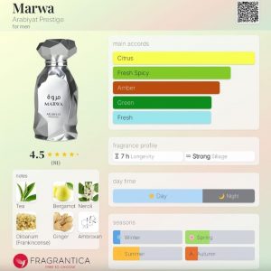 my perfumes Arabiyat Prestige Marwa Eau de Parfum, 100ml, Silver For Men Made in UAE