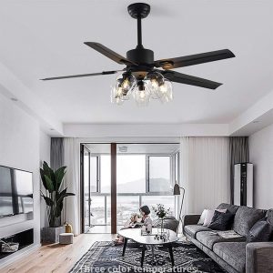 Black Ceiling Fan with Light and Remote 6 Speed Mute Metal Reversible Blades 5 Light 52" for Indoor Industrial Rustic Farmhouse Bedroom Living Room Dining Room