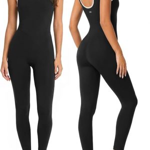 One Piece Workout Jumpsuits for Women - Yoga Full Length Romper with Square Neck and Contrast for Gym