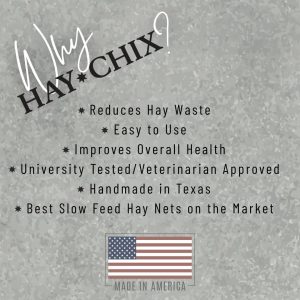 Hay Chix Red de heno para caballos | Alimentador de bolsas de heno de alimentación lenta | Nylon tratado UV de grado marino | Capacidad para 4-6 copos | Red de media paca | Agujeros de 1 3/4 pulgadas