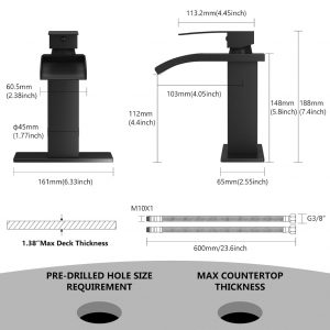 Grifo de baño en cascada de 1 agujero, grifo de baño de un solo agujero, grifo de lavabo de tocador de una sola manija con placa de cubierta, drenaje emergente y líneas de suministro, negro mate