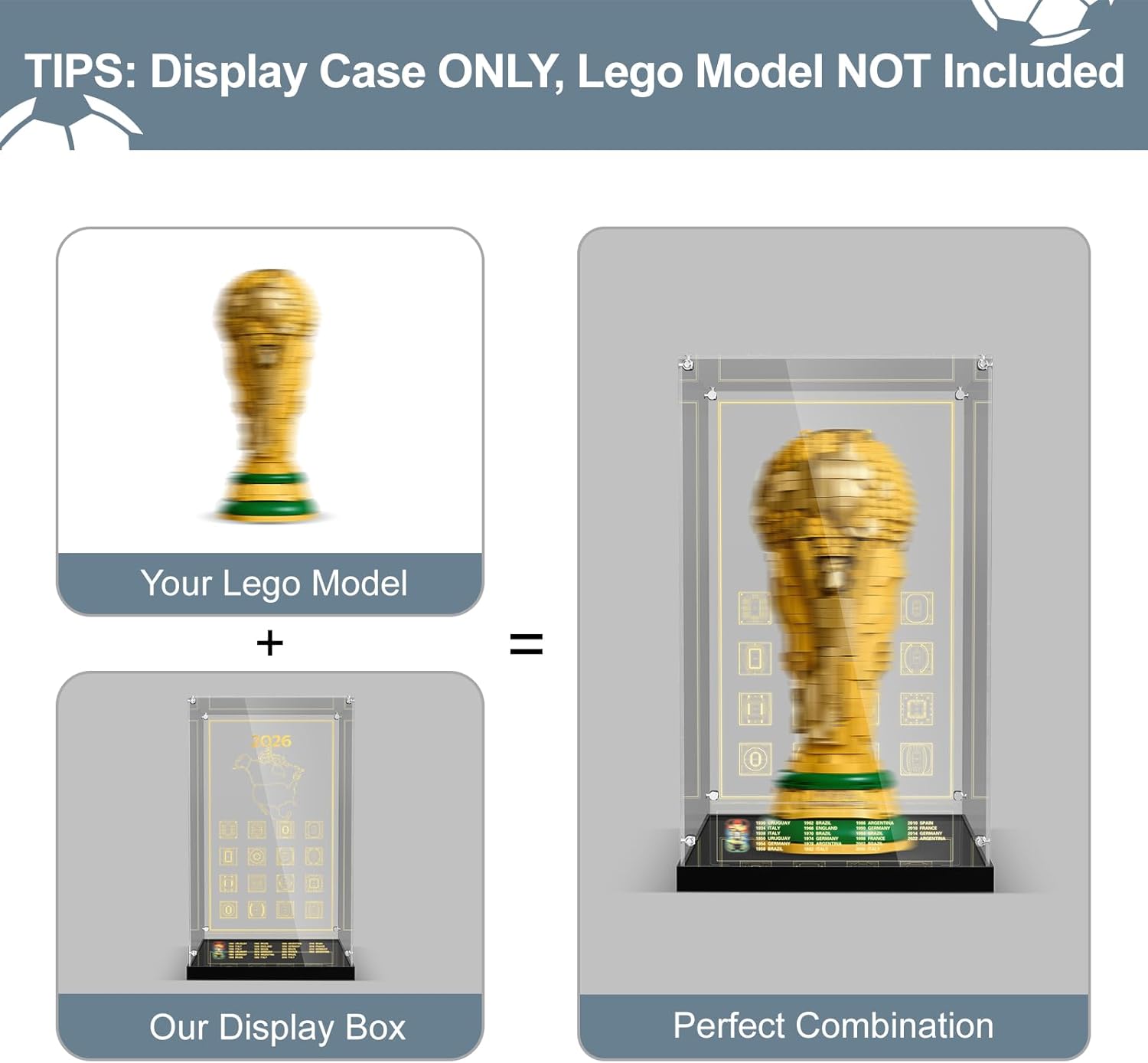 Vitrina acrílica para Lego 43020 FIFA World Cup Trophy Building Set, caja a prueba de polvo con iluminación LED y estructura de tornillo de metal (solo funda, modelo no incluido)