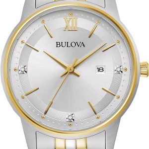 Bulova Reloj clásico de cuarzo con fecha y calendario de 3 manecillas de acero inoxidable dorado de dos tonos para mujer