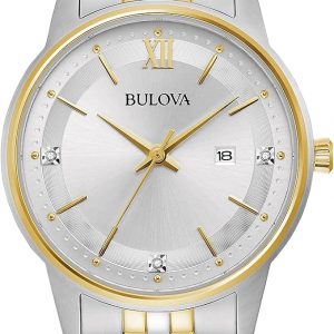 Bulova Reloj clásico de cuarzo con fecha y calendario de 3 manecillas de acero inoxidable dorado de dos tonos para mujer