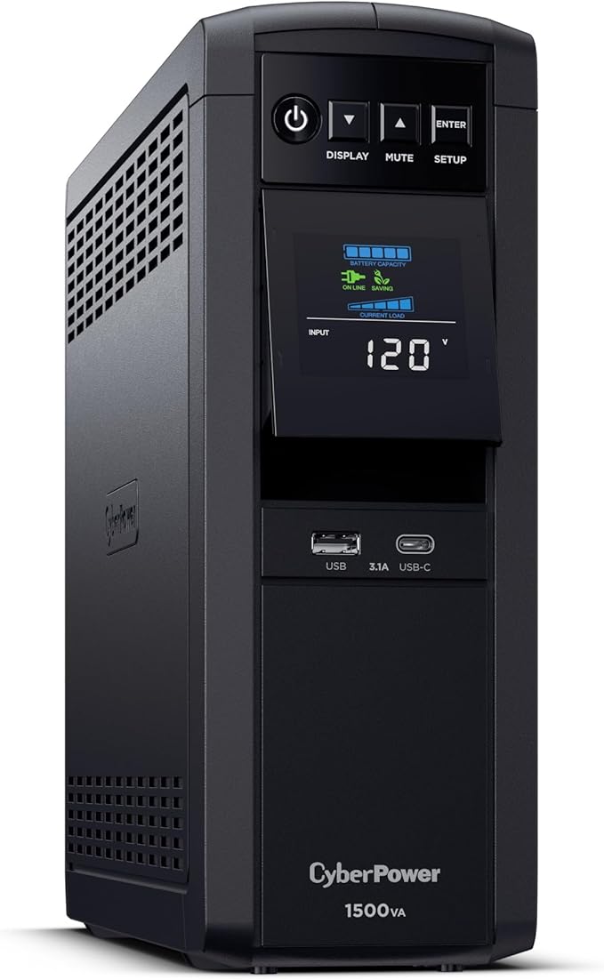 CyberPower CP1500PFCLCD PFC Sinewave UPS Sistema de respaldo de batería y protector contra sobretensiones, 1500VA/1000W, 12 tomacorrientes, AVR, minitorre; Certificado UL