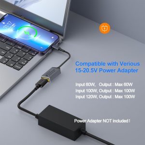 USB C to Slim Tip Adapter, 100W PD3.0 Fast Charging for Convert Square Charger to Type-C Power for Lenovo Thinkpad MacBook Chromebook, Nintendo Switch, and Any USB C Devices, Input 15-20VDC