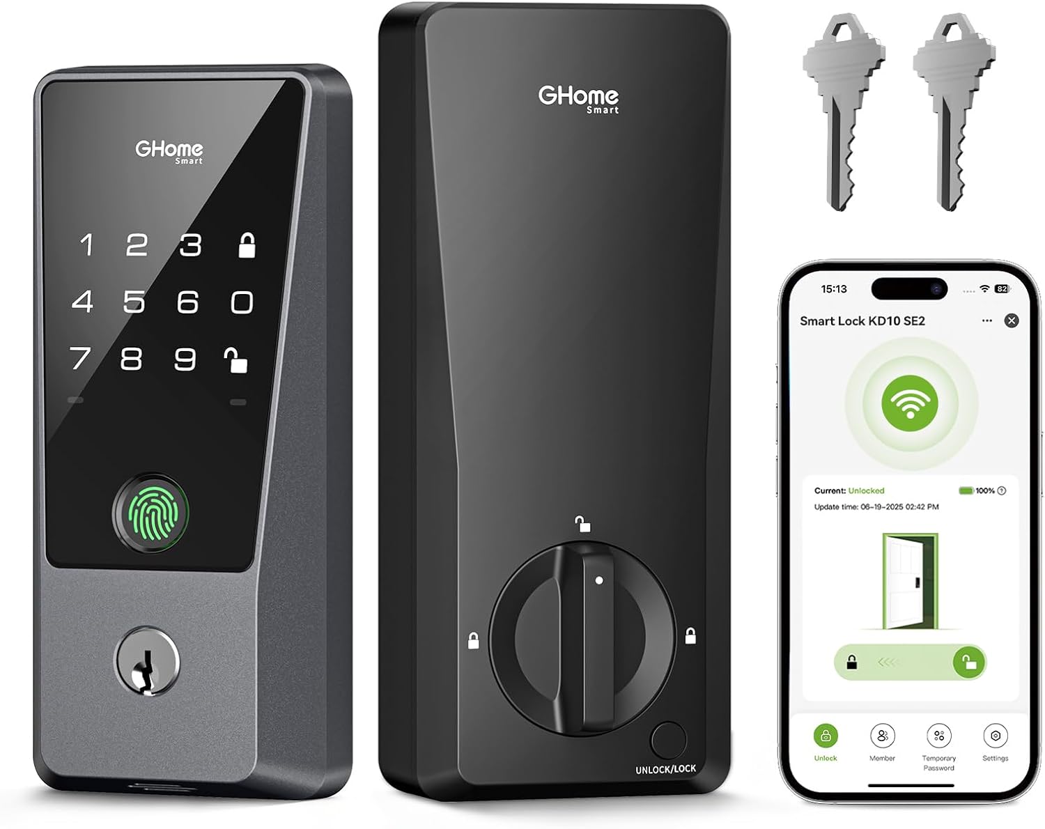 GHome Smart WiFi Deadbolt Locks for Front Door, 5-in-1 Fingerprint Keyless Entry Door Lock, Indoor Smart Lock for Home Hotel with 10000mAh Battery,Work with Alexa & Hey Google, App Control, Auto Lock