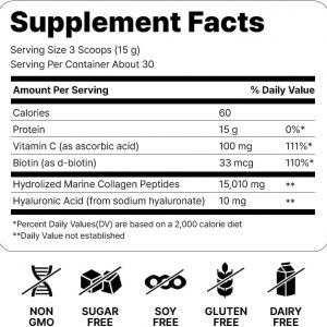 Péptidos de Colágeno Marino - Polvo de Colágeno Ultrafino Hidrolizado para Mujeres y Hombres, Ácido Hialurónico, Biotina, Vitamina C, para Piel, Cabello, Uñas, Articulaciones, Sin OGM, Sin