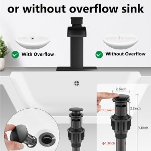 Grifo de baño en cascada de 1 agujero, grifo de baño de un solo agujero, grifo de lavabo de tocador de una sola manija con placa de cubierta, drenaje emergente y líneas de suministro, negro mate