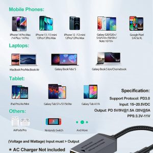 USB C to Slim Tip Adapter, 100W PD3.0 Fast Charging for Convert Square Charger to Type-C Power for Lenovo Thinkpad MacBook Chromebook, Nintendo Switch, and Any USB C Devices, Input 15-20VDC