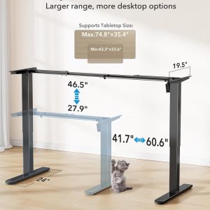 HUANUO Standing Desk Frame with 220lbs Powerful Brushless Motor, Thick T-Shaped Adjustable Desk Legs Made of Automotive-Grade Steel, for Max 75″ x 35″ Desktop, for Home Office, Black Frame Only