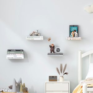 STORAGE MANIAC Floating Book Shelves for Wall Mounted Invisible Floating Bookshelves Heavy-Duty Steel Hidden Bookshelf Hanging Bookshelves for Bedroom Living Room Office, White 4-Pack