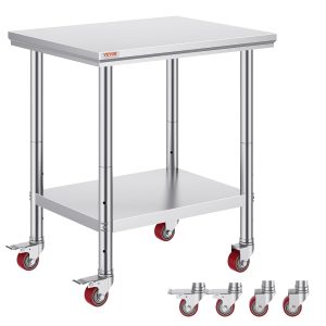 Mophorn Stainless Steel Work Table with Wheels 30 L* 24 W * 33 H Inch Prep Table with 4 Casters Heavy Duty Work Table for Commercial Kitchen Restaurant Business, Silver and Black