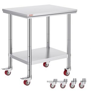 Mophorn Stainless Steel Work Table with Wheels 30 L* 24 W * 33 H Inch Prep Table with 4 Casters Heavy Duty Work Table for Commercial Kitchen Restaurant Business, Silver and Black