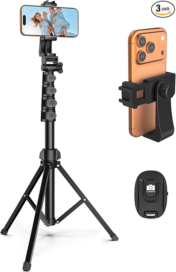 64” Tripod for Cell Phone & Camera, Phone Tripod with Remote and Phone Holder, Sturdy & Stable Height Adjustable Multi-Angle Shot Selfie Stick Tripod for Video Recording